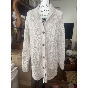 Lands End Drifter Cardigan Cable Chunky Knit Oatmeal Brown Flecks Large